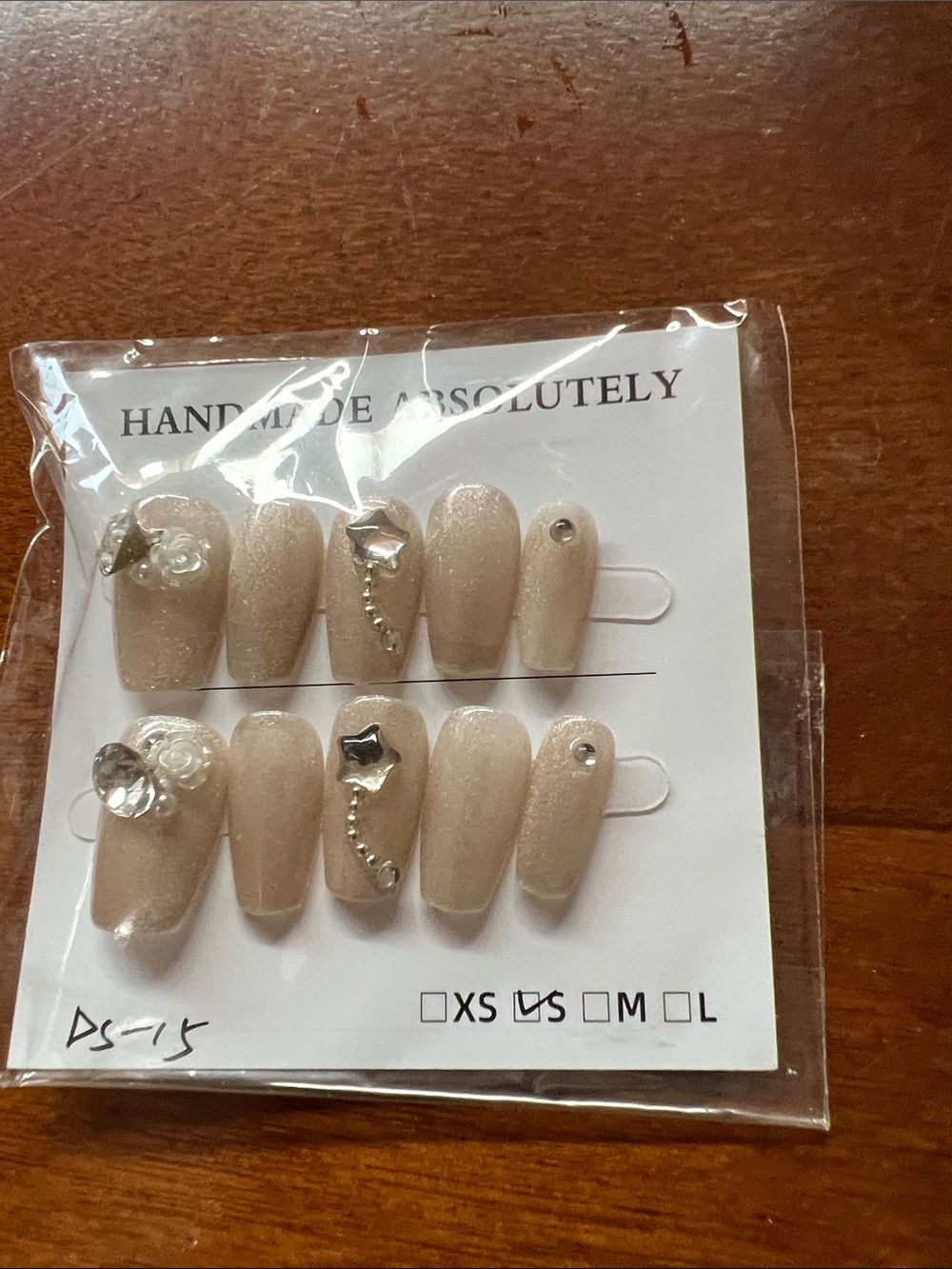 Handmade Press-On Nails in Nude Pearl with Crystal Accents
